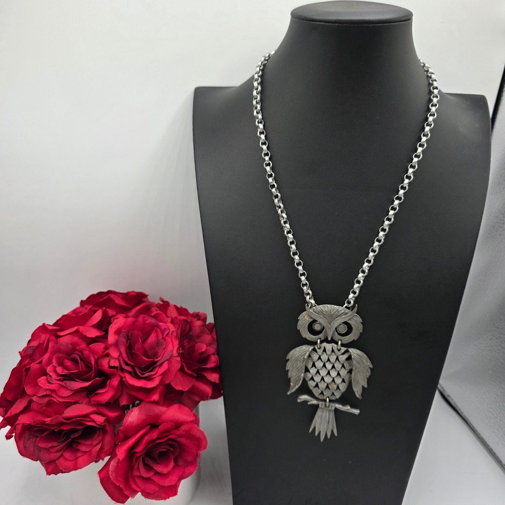 Vintage Style Articulated Owl Pendant Necklace Silver Tone Large Bird Statement